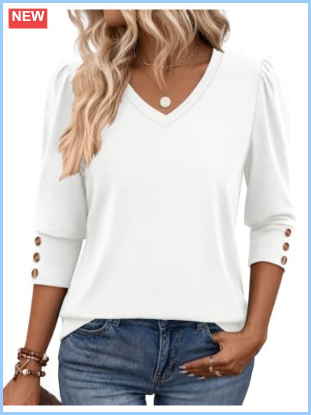 Womens 3/4 Sleeve V Neck Puff Sleeve Buttoned Dressy Casual Top Blouse